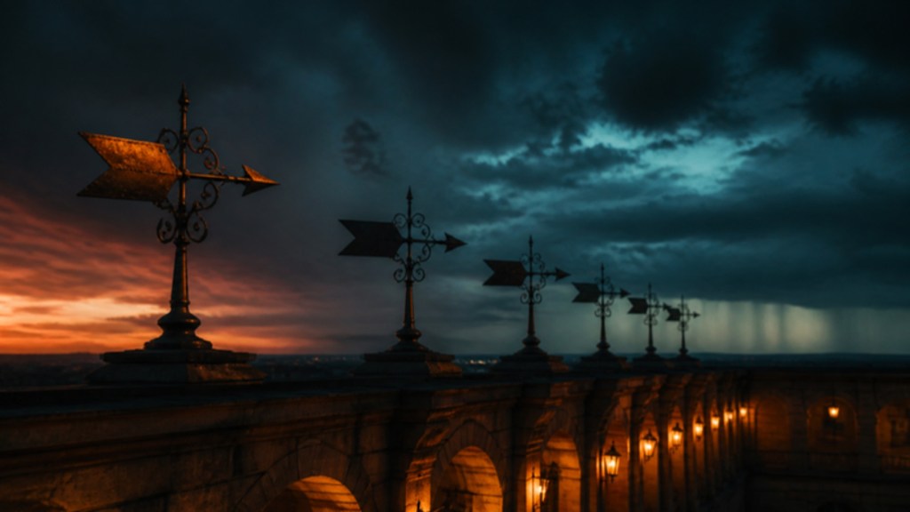 Six copper weathervanes on a colonnade roof at dusk under a storm front, five pointing the same way and one pointing differently