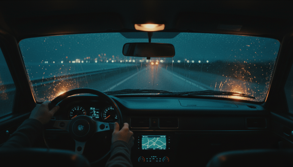 A driver's hands on a steering wheel on a rainy night highway, dashboard glowing teal