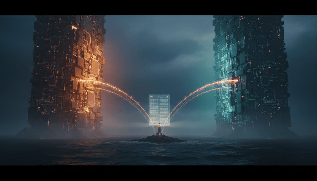 Two towers of glowing circuitry face each other across a dark sea, with a small lighthouse island between them