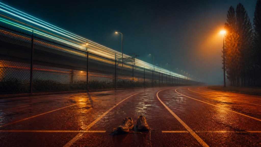A pair of running shoes on the starting line of an empty misty track at dawn, with streaking headlights on an elevated highway behind