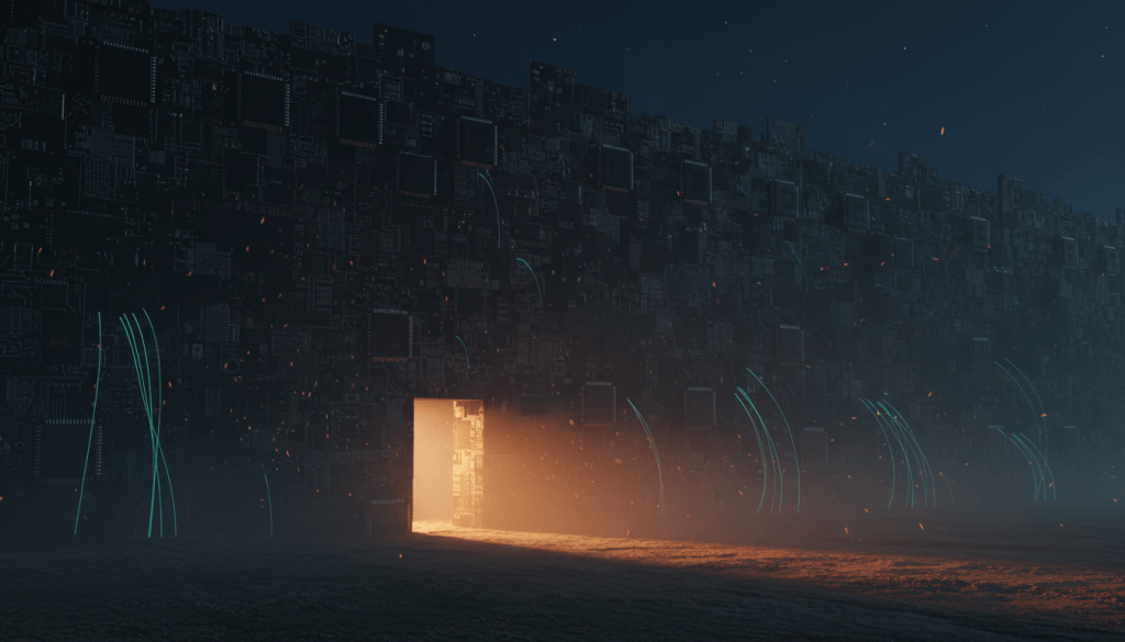 A guarded doorway in a wall of silicon chips, with thin threads of light slipping through cracks