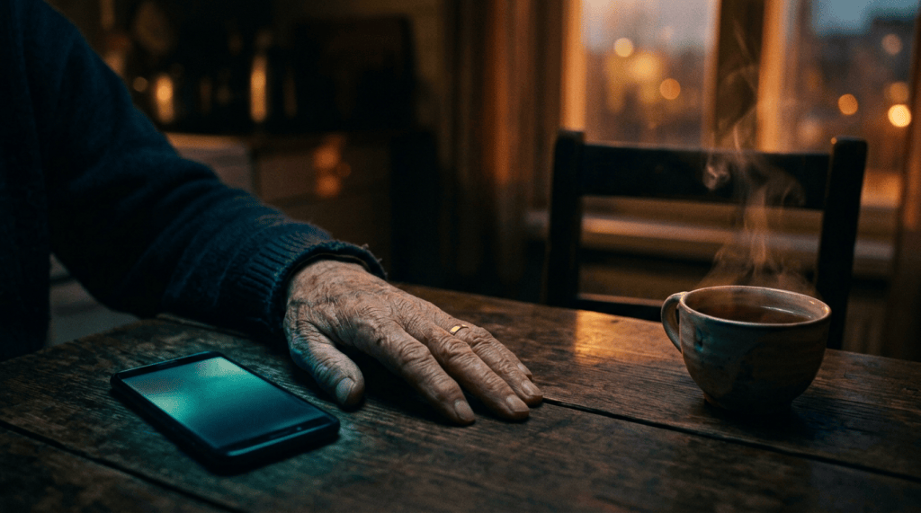 An elderly hand beside a glowing phone on a kitchen table, with an empty chair and steaming tea