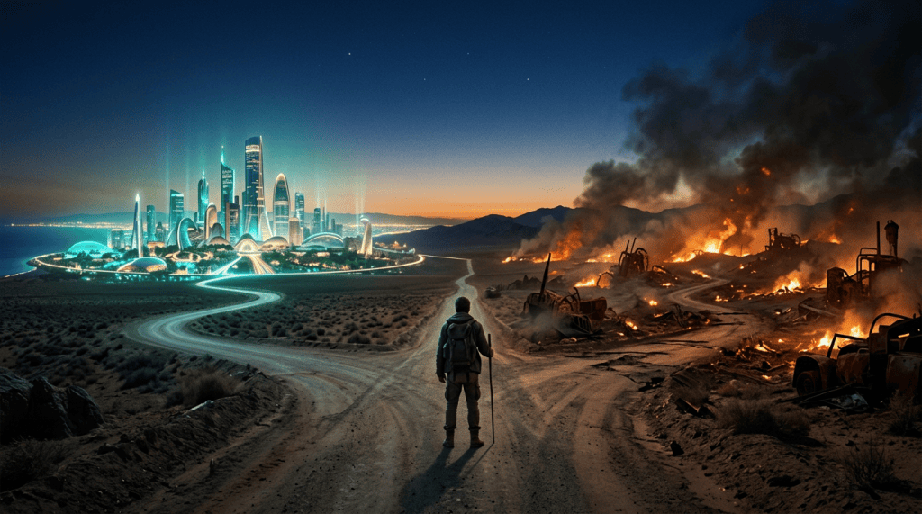 A traveller at a desert fork between a serene glowing city and a burning wasteland
