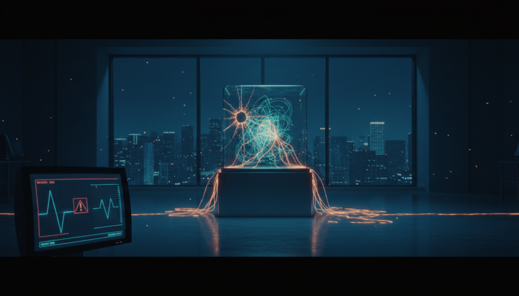 A glowing glass laboratory box at night with thin threads of amber light escaping through a crack into a dark city