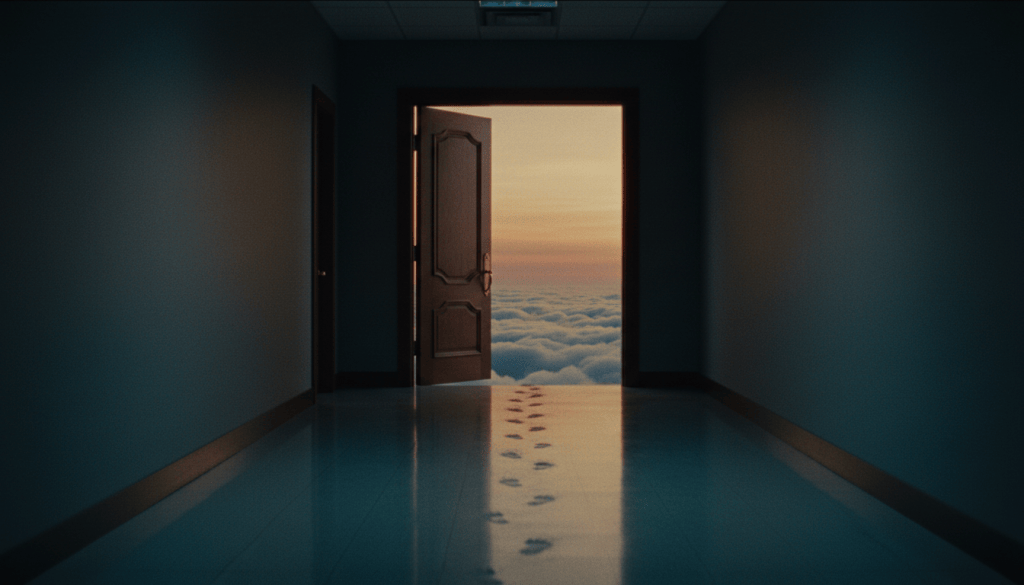 An office door at the end of a dark corridor opens onto open sky and a sheer drop