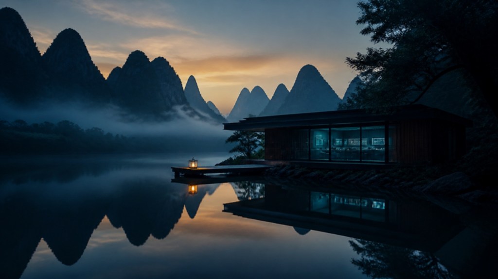 A glass and timber research lab glowing teal at dawn beside a mirror-still lake among misty karst mountains