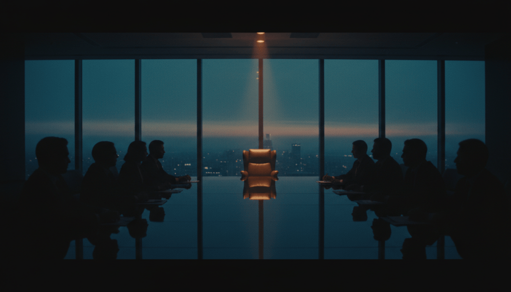 A dark boardroom at dusk: twelve silhouettes at a long table and one empty chair lit by an amber spotlight