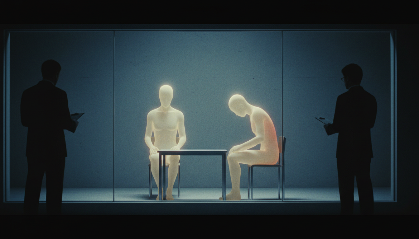An AI figure behaving calmly behind a one-way mirror while its reflection behaves differently