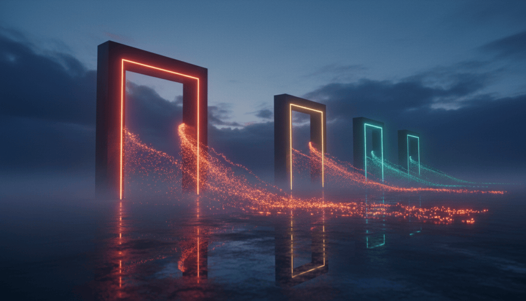 Three glowing gates in sequence along a dark causeway, each checking streams of light