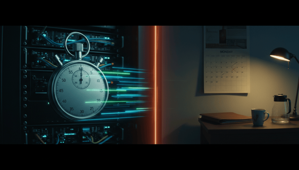 Split image: racing teal data streaks around a stopwatch on one side, a still boardroom with a calendar and cold coffee on the other