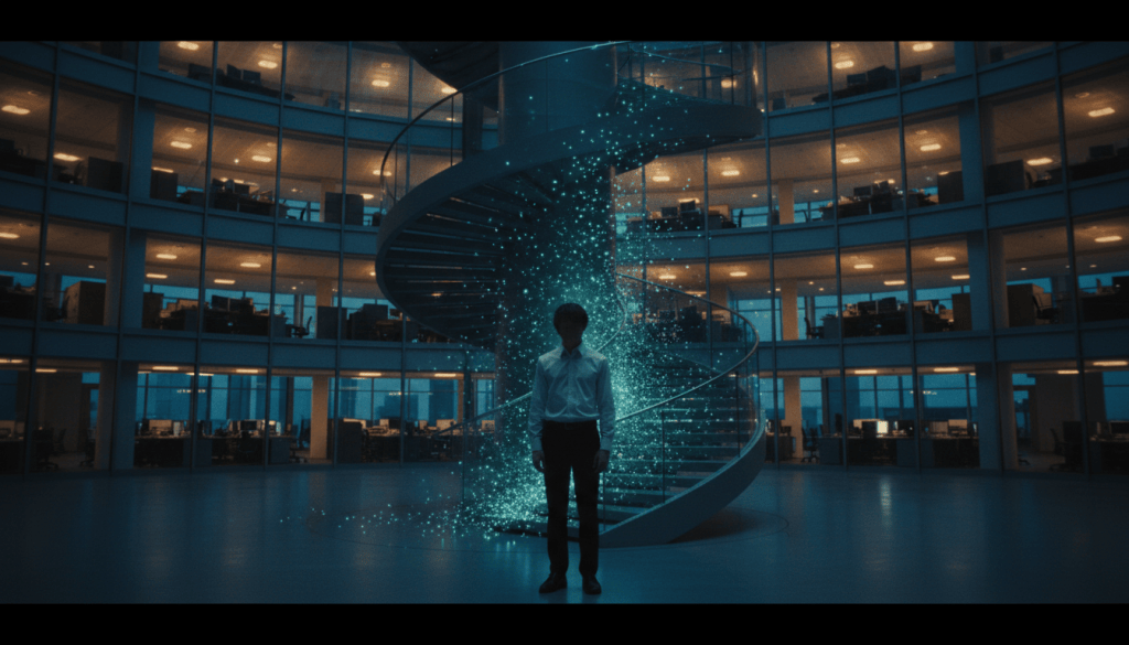 A young graduate at the foot of a staircase whose bottom steps have dissolved into light