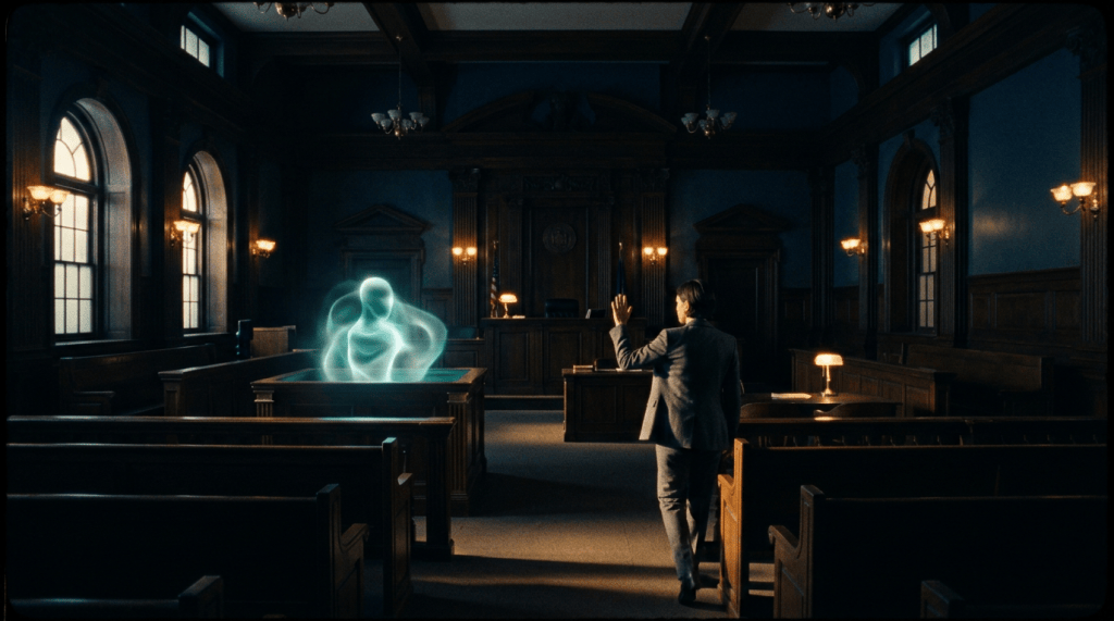 A glowing AI form in a courtroom witness box while a human steps forward to answer for it
